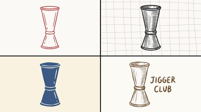 Set of four professional metal cocktail jigger icons in various metallic finishes and colors for bar equipment, mixology tools, and beverage measurement design elements isolated on white