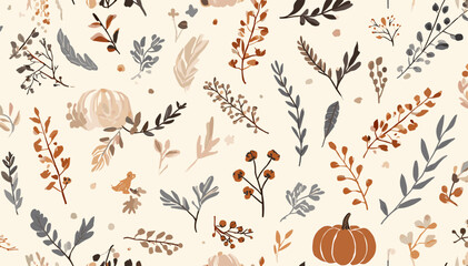 Naklejka premium A seamless autumn pattern featuring hand-drawn leaves, branches, berries, and pumpkins in warm fall colors on a light background, perfect for seasonal designs.