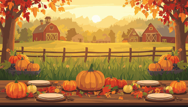A vibrant autumn farm scene with a long wooden table set for a harvest feast, adorned with pumpkins and colorful fall leaves, against a backdrop of red barns, golden fields, and sunlit hills.