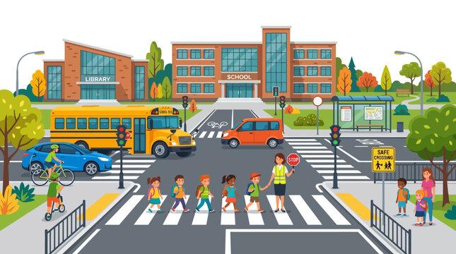 Children crossing street at school zone with crossing guard and school bus