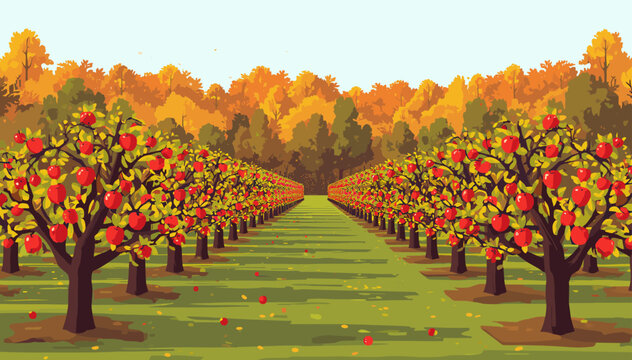 Pixel art illustration of an autumn apple orchard with rows of trees laden with red fruit under a clear sky.