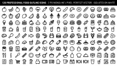 Fototapeta premium food, outline, icon, restaurant, grocery, meal, fruit, vegetable, bakery, dessert, beverage, pizza, burger, sushi, coffee, salad, healthy, nutrition, editable, stroke, vector, ui, collection, minimal,