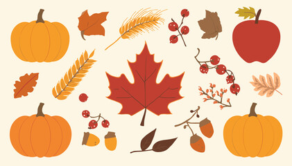 A vibrant collection of autumn harvest elements including pumpkins, colorful leaves, acorns, berries, and wheat stalks on a textured background. © Uchiha