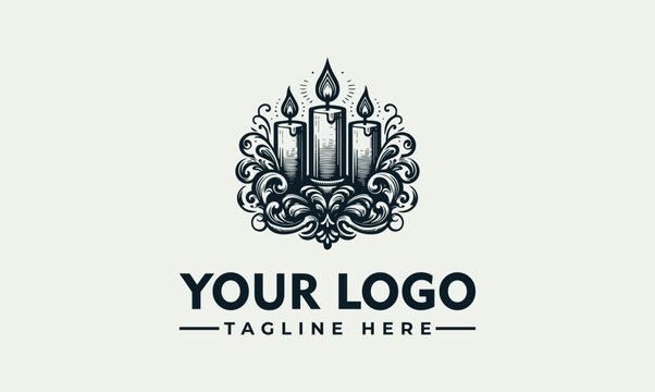 Vintage logo design featuring three burning candles with elegant floral scrollwork flourishes