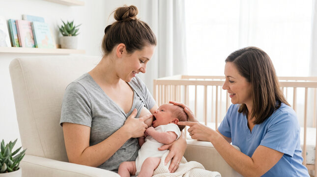Mother learning infant latch technique with lactation consultant in nursery  