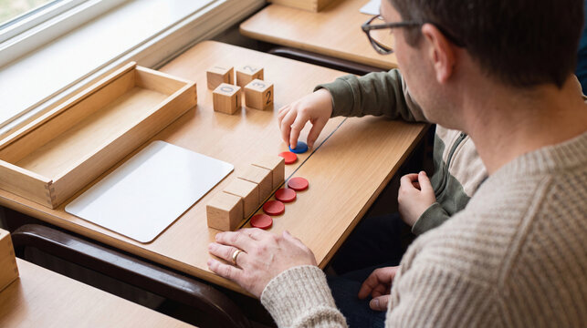 Educator Helping Learner Count Blocks at Window Workstation