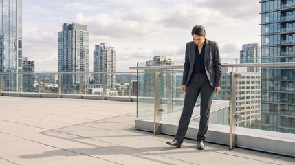 Fototapeta premium Corporate Professional Pausing at Rooftop Terrace Edge in City Daylight