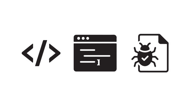 Black icons for coding, bug fixing and web development on white background