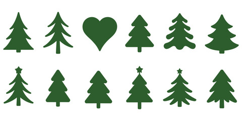 Collection of twelve dark green christmas tree silhouettes and a heart shape on a plain white background, for holidays © Tanzila