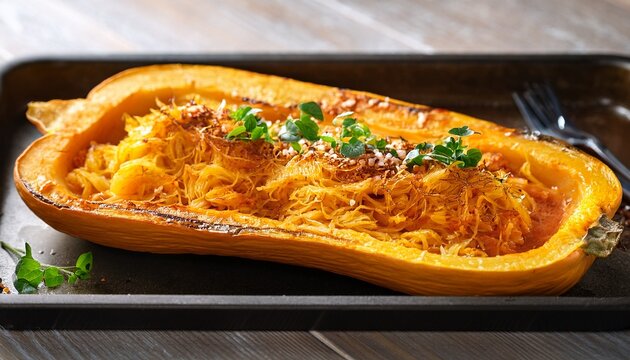 spaghetti squash baked and pulled apart ready to eat on a baking pan