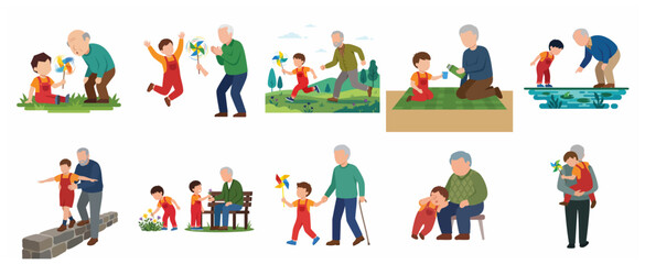 Fototapeta premium Happy grandfather and grandson spending time together in nature, set of flat vector illustrations of elderly man and child bonding through various outdoor activities