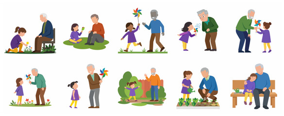 Fototapeta premium Grandfather and granddaughter spending quality time together set of vector illustrations of family bonding gardening and playing outdoors.