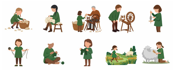 Process of making wool clothes vector illustration set. From sheep shearing and carding to spinning yarn on a wheel and knitting a scarf. Traditional textile craft concept. © Lorrenzo