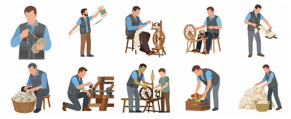 Collection of characters processing raw wool and spinning yarn using traditional tools © Lorrenzo