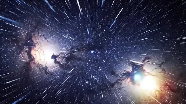 A visually stunning depiction of hyperspace travel through a star-filled galaxy.
