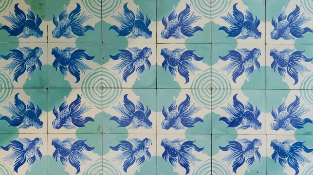 Nyonya Peranakan hydraulic tiles. Blue and green floral pattern background.