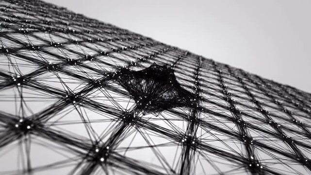 Abstract network of interconnected lines and points in grayscale.