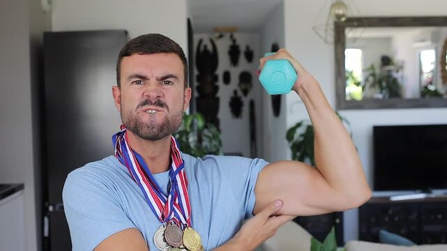 Skinny Man Flexing Biceps With Small Plastic Weight