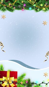 Christmas winter background reel. Holiday festive ornaments, sparkling bokeh, and fir branches.