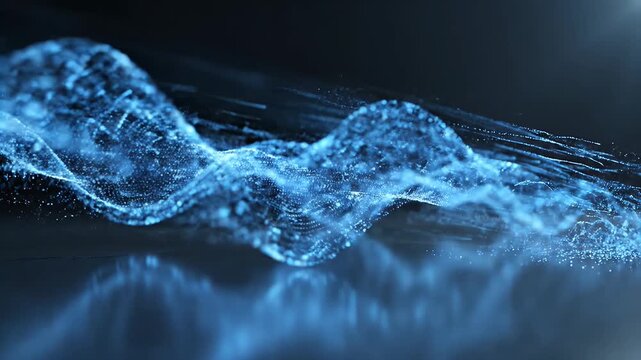 Abstract luminous particles form a dynamic wave-like structure with flowing trails, set against a dark background.