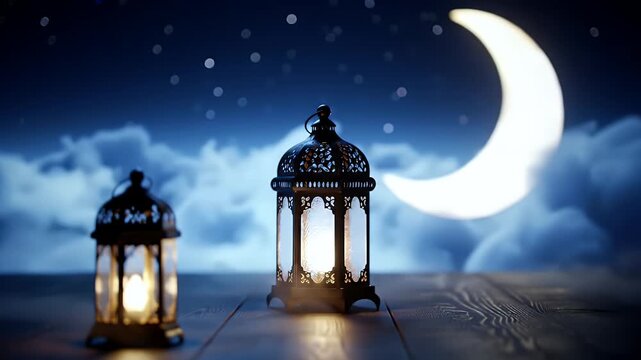Two ornate lanterns glow under a crescent moon and starry night sky.