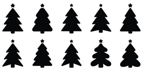 Set of ten black christmas tree with star toppers, isolated on a white background, winter holiday set © Tanzila