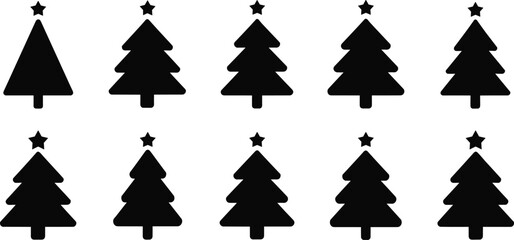 Ten black christmas tree with star toppers, isolated on a white background, winter holiday set © Tanzila
