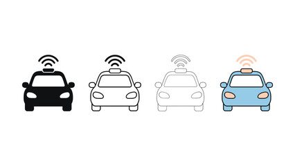 Set of four simplified vector graphic representations of connected autonomous taxis with signal icons © Mst Hamesa Khatun
