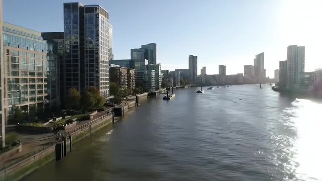 Modern cityscape with skyscrapers lining a wide river under a clear sky.