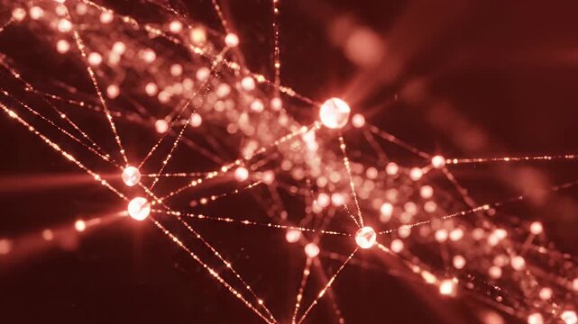 Abstract glowing network of interconnected nodes and lines in red and orange hues.