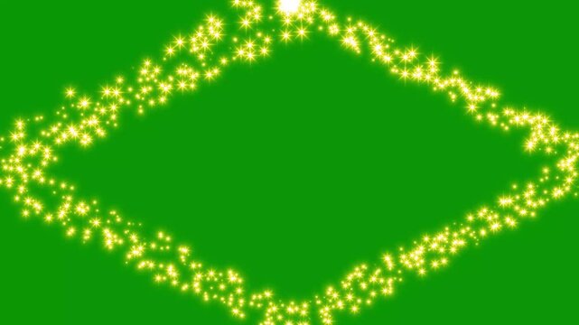 Elegant yellow starry diamond border on chroma key green screen background, magical glowing particle transition for beautiful holiday videos,  magical golden glitter bokeh border overlay, 4k video