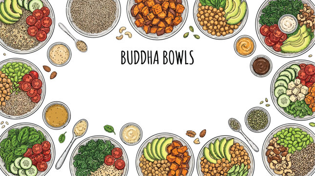 Hand drawn artistic sketch of a healthy buddha bowl frame featuring fresh organic vegetable and nutritious ingredient in a rustic vector illustration for wellness and culinary design
