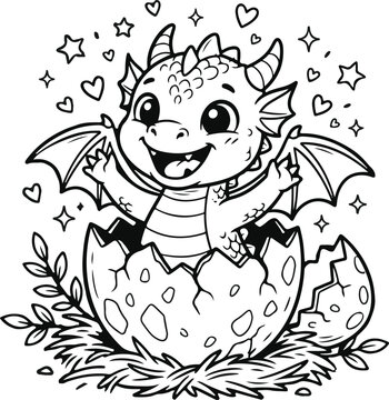 This illustration depicts a cute baby dragon hatching from a cracked egg, surrounded by hearts, stars, and leaves, isolated on a white background. It's a charming vector image.