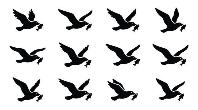 Black seagull silhouette collection featuring twelve flying sea birds carrying fish in beaks, isolated on white background. Flat vector icons for marine wildlife and predatory bird design.