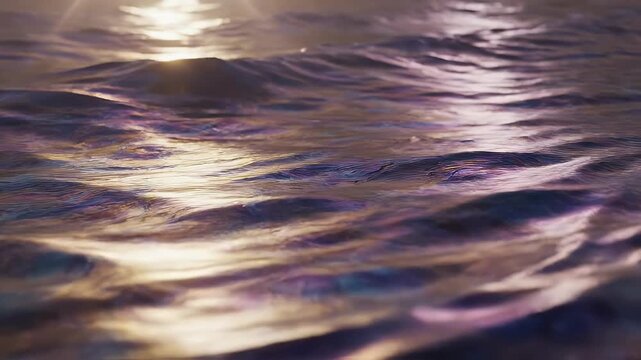 Close-up view of shimmering ocean waves reflecting sunlight with iridescent colors.