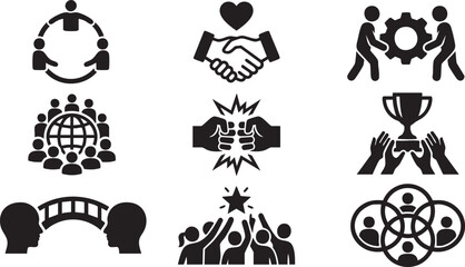 Fototapeta premium Teamwork and Business Collaboration Icon Set with Partnership Handshake, Global Community, Fist Bump, and Success Trophy Vectors
