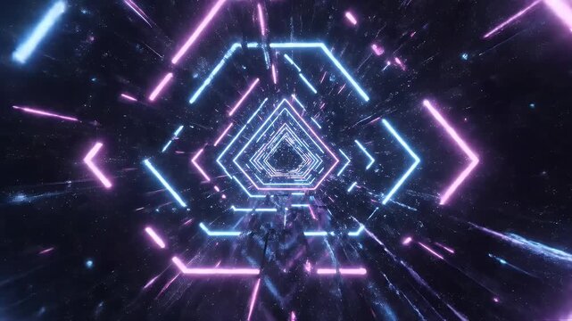 A mesmerizing tunnel of glowing neon rhombuses recedes into a cosmic background.