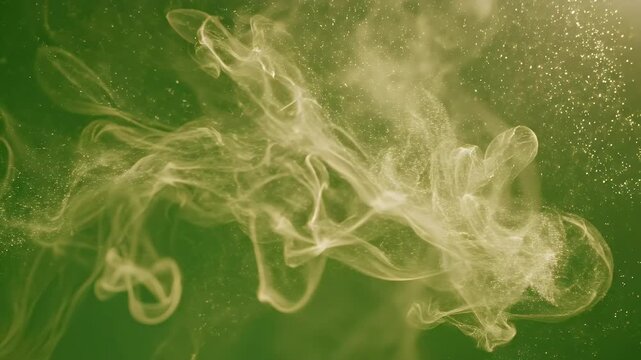 Abstract green background with swirling smoke and glitter particles.