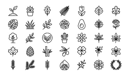 Botanical plant and leaf outline icon collection featuring flowers trees cactus herbs and natural elements © Shakib