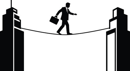 Businessperson walking on a rope between buildings black silhouette vector © Emon