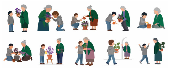 Fototapeta premium Grandmother and grandson gardening together set of flat vector illustrations isolated on white background