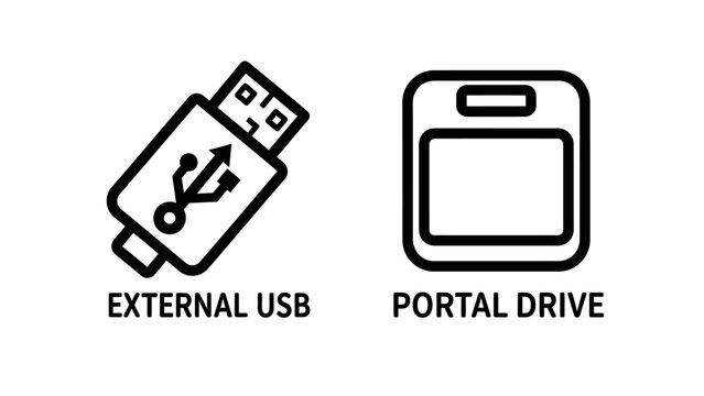 Set of line icons for external usb storage and portal drive devices
