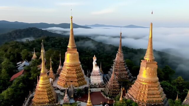 Golden Buddhist temples nestled amidst misty mountains at sunrise.