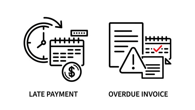 Late payment and overdue invoice financial management icon set with financial
