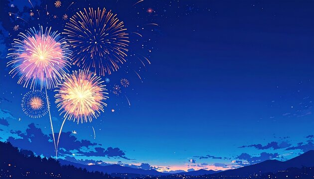 Colorful Fireworks Over a Blue Twilight Sky with Copy Space, Anime Style Landscape