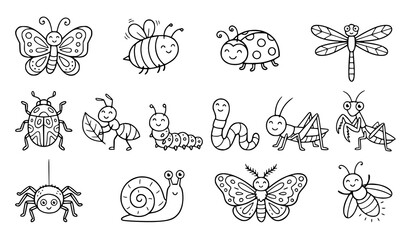 Cute Hand Drawn Insects Collection with Butterfly Bee Ladybug Dragonfly Snail and Caterpillar © Shakib