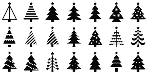 Set of twenty-one varied black christmas tree with different decorative styles and shapes on a white background © Tanzila