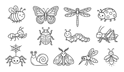 Hand Drawn Cute Garden Insects Outline Icon Collection with Butterfly Bee Snail and Dragonfly © Shakib