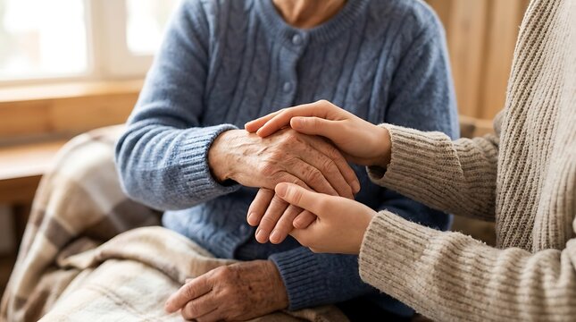 Close up of an elderly person and a young person holding hands with compassion and love in a bright sunny home