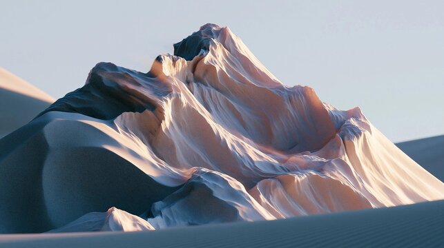 Close-up of a mountain peak. the peak is made up of multiple layers of sand dunes, with the top layer being a light pink color and the bottom layer a darker shade of pink.